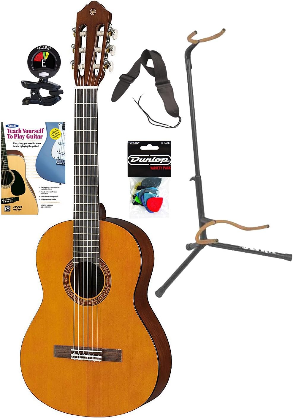 Yamaha Student Series CGS102AII - 1/2-Size Nylon-String Classical Acoustic Guitar Natural With Guitar Stand, Guitar Strap, Pick Variety Pack, Tuner And Guitar (DVD)
