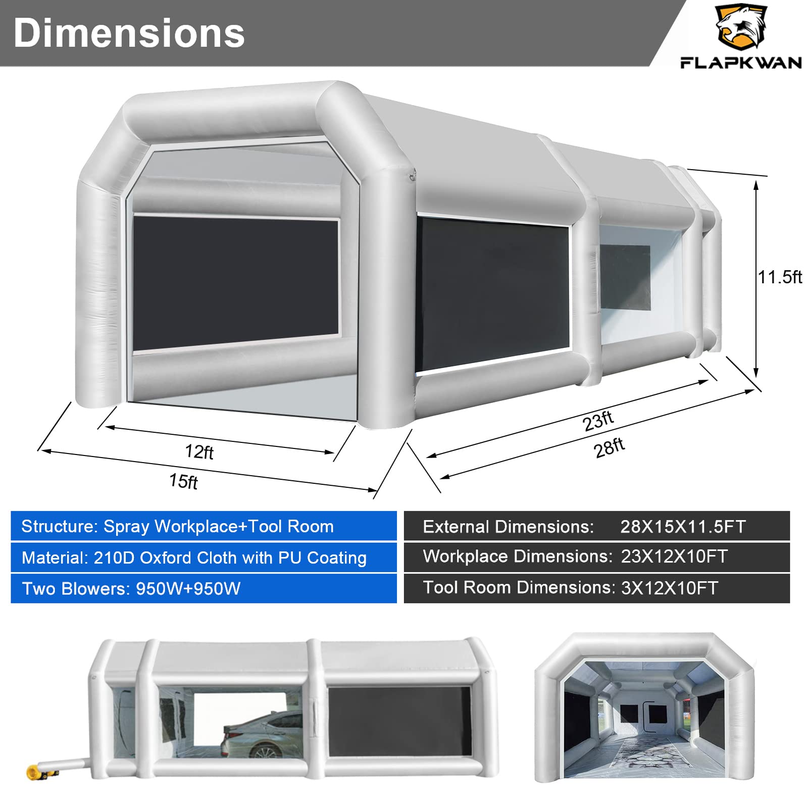 Buy 28X15X11.5FT Inflatable Paint Booth with Blowers 950W+950W