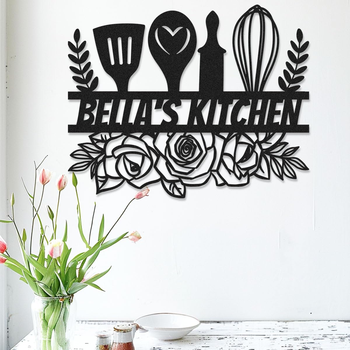 Adthyuxq Kitchen2 Custom Kitchen Metal Name Sign, Personalised Rose Flowers Kitchen Sign Home Decor Metal Wall Art Hanging Plaque Housewarming Mothers Day Gift, Customized Mom's Kitchen Sign For Mom Grandma
