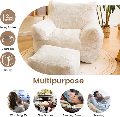 Miniatura 6 de Silla de Puf con Otomana, Sillas de Puf con Reposobrazos y Relleno, Silla de Puf Ultra Suave y Esponjosa de Pelo Sintético con Reposapiés, Sofá