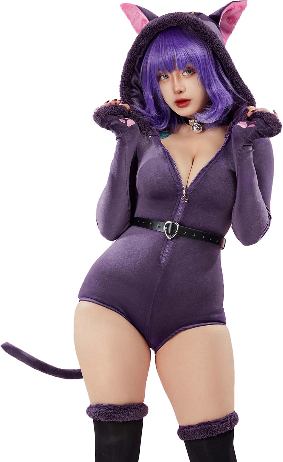 Mobbunny Women's Cute Fluffy Romper Purple Fuzzy Onesie Pajamas Furry Hooded Bodysuit Homewear Jumpsuit