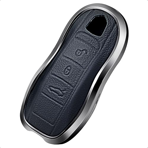 SK CUSTOM Funda de piel negra y aluminio compatible con Porsche Macan Cayenne Panamera 911 con 3 botones sin llave (llave antigua)