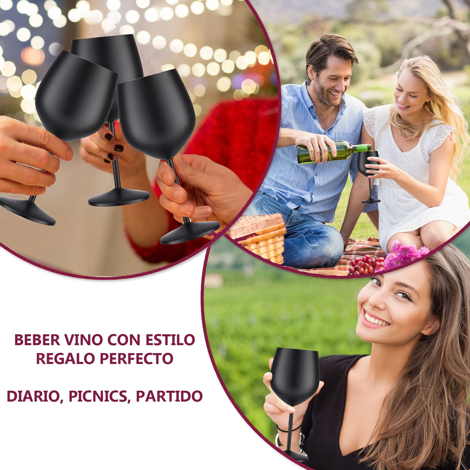 Juego de 4 Copas de Vino de Acero Inoxidable (550 ml/18 oz, Negro Mate), Copas de Vino Tinto y Blanco Irrompible, 9 cm de Profundidad x 21 cm de Alto, para Fiestas, Aniversarios, Bodas