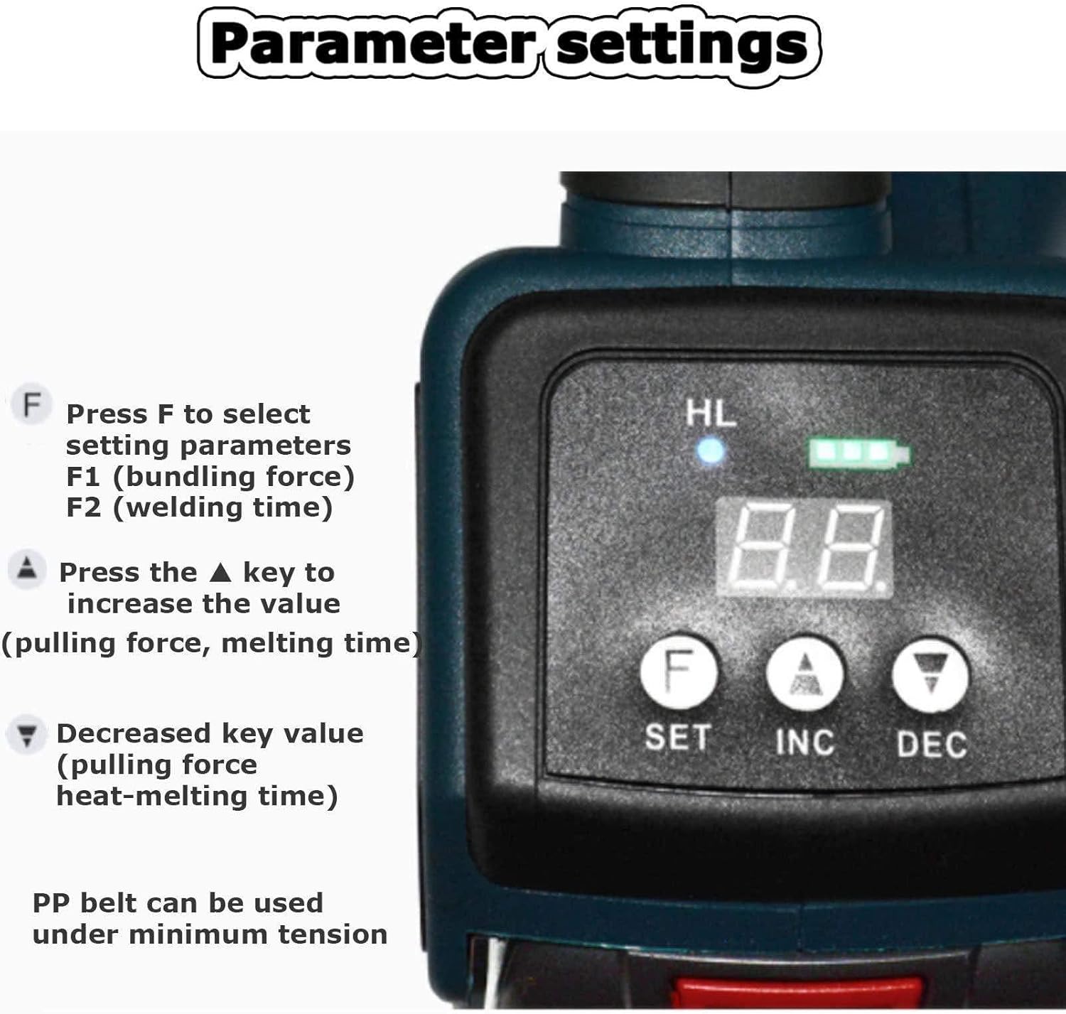 Close-up of the machine's control panel with buttons for setting parameters: F (Function), SET, INC (Increase), DEC (Decrease).