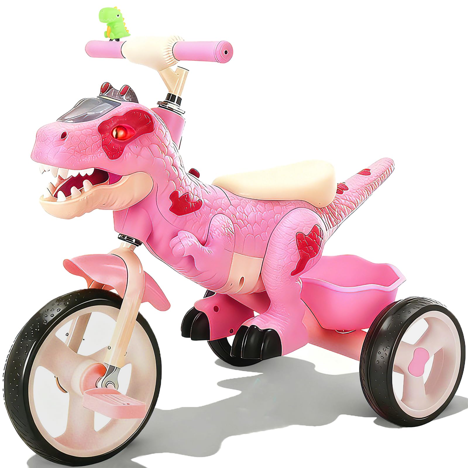 NMM Dinosaur Kids Tricycle, Kids Trike with Music, LED, Tricycle for Kid Age 2, 3, 4, 5, 6, Storage Basket, Horn, Dinosaur Toys for Boys & Girls, for Kid-Pink — image 1