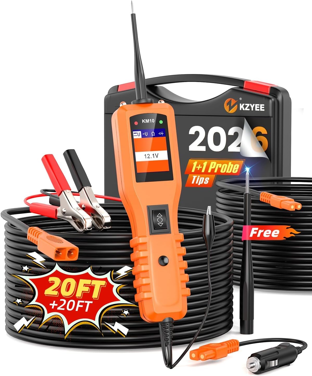 KZYEE KM10 Car Power Circuit Probe Kit, 12V 24V Automotive Circuit Tester, AC DC Diode Resistance,Component Activation,Short/Ground/Continuity/Trailer Test,20FT+20FT Cable