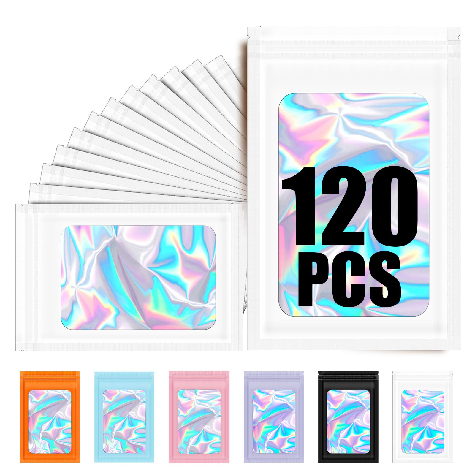 120PCS Smell Proof Mylar Bags,4"x6" RResealable Bag for Small Business,Holographic Packaging Bags with Clear Window,Foil Pouch Sample Snack Candy