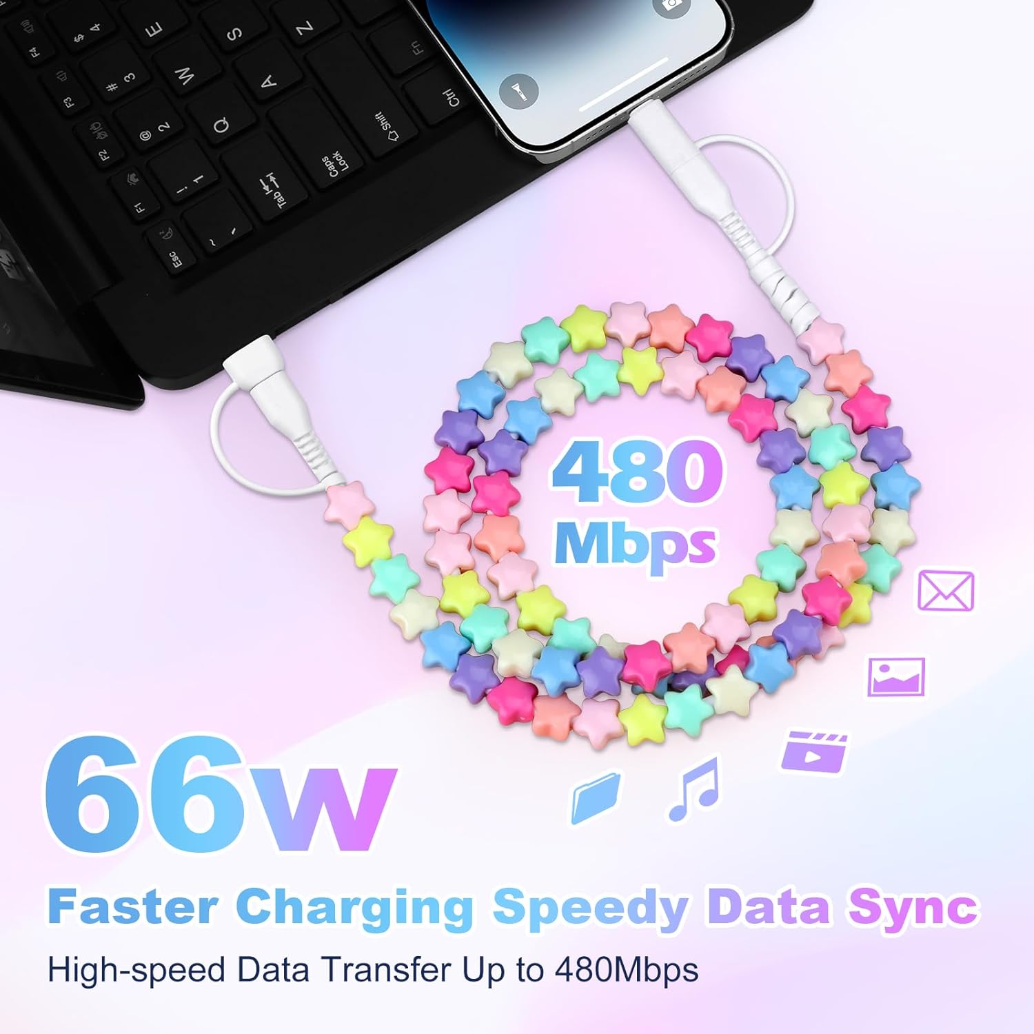 Aolcev 4 in 1 USB C Cable Beaded Multi for iPhone 17 Charger Cord 2 in 1 USB A USB C Charger Block 25W Cute Type C Fast Charging Blocks with Case for iPhone 16 15 Pro Max Girl 3.3FT Rainbow Colors - Image 6