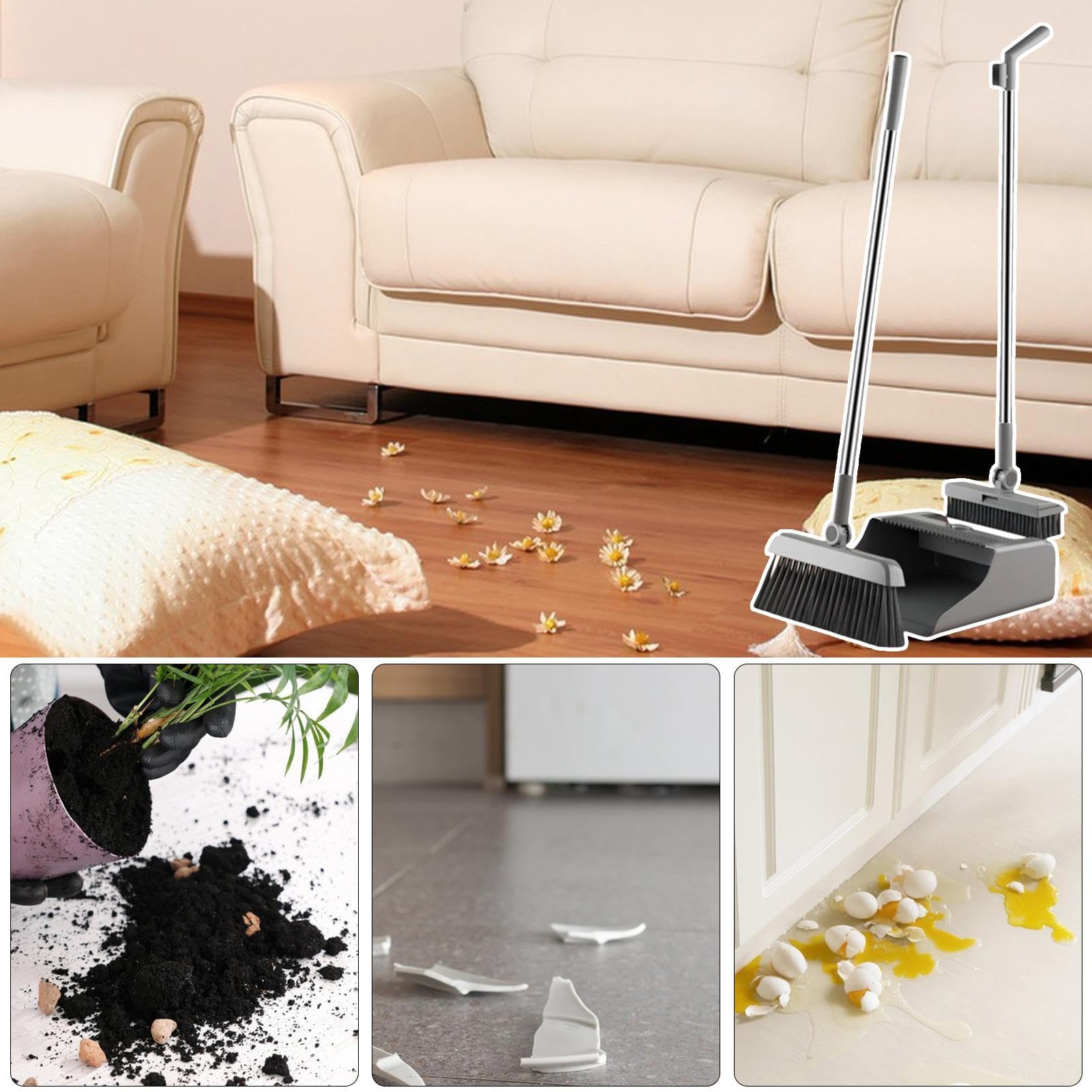 Scopa con , set combinato da 3 pezzi, in acciaio | Scopa con una paletta stabile per la pulizia di casa, cucina, appartamento, interni, esterni e pavimento