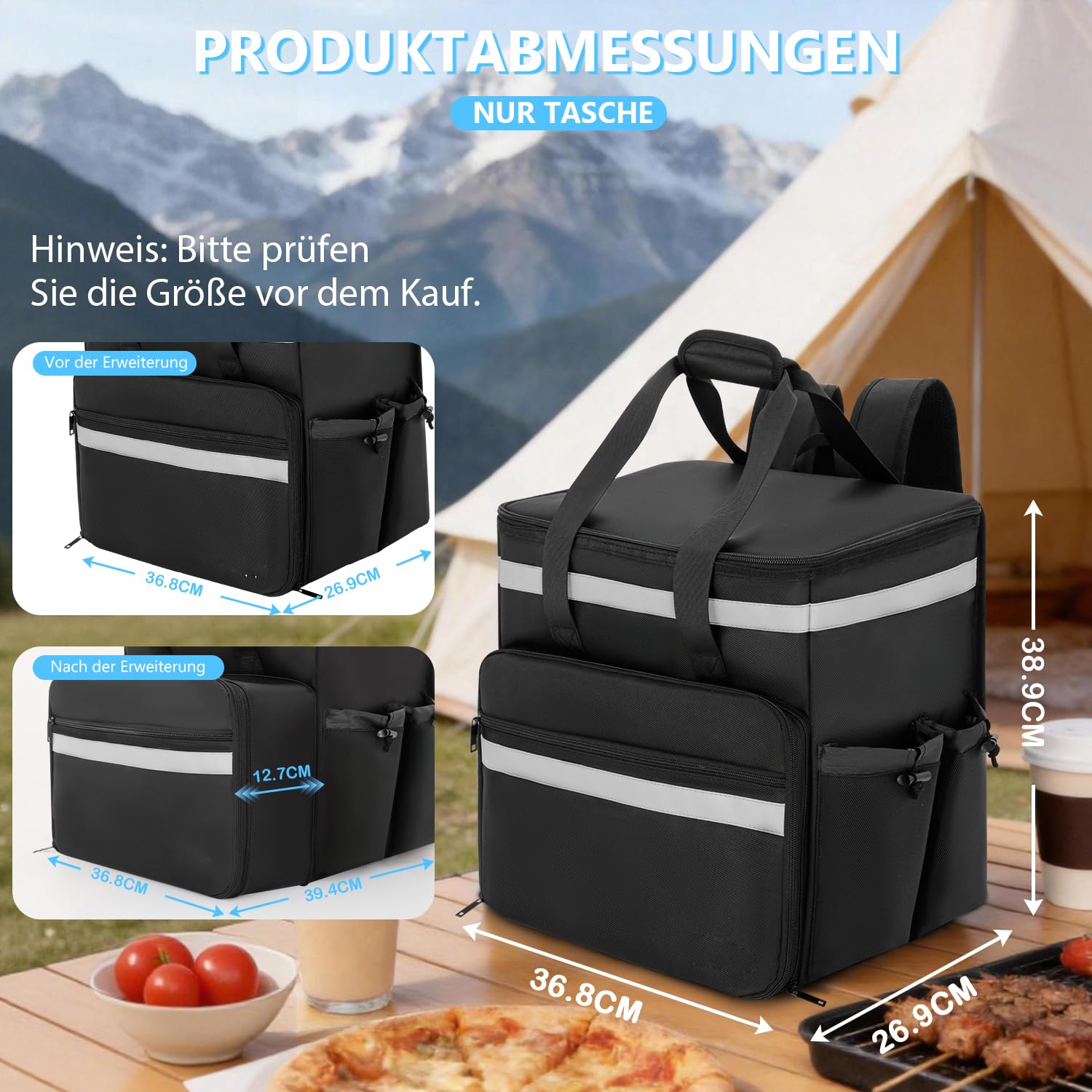 Borsa per la consegna del cibo, zaino espandibile con 4 portabevande, grande borsa termica per pizza e cibi caldi/freddi, zaino riflettente per Uber Eats, DoorDash, Grubhub, nero