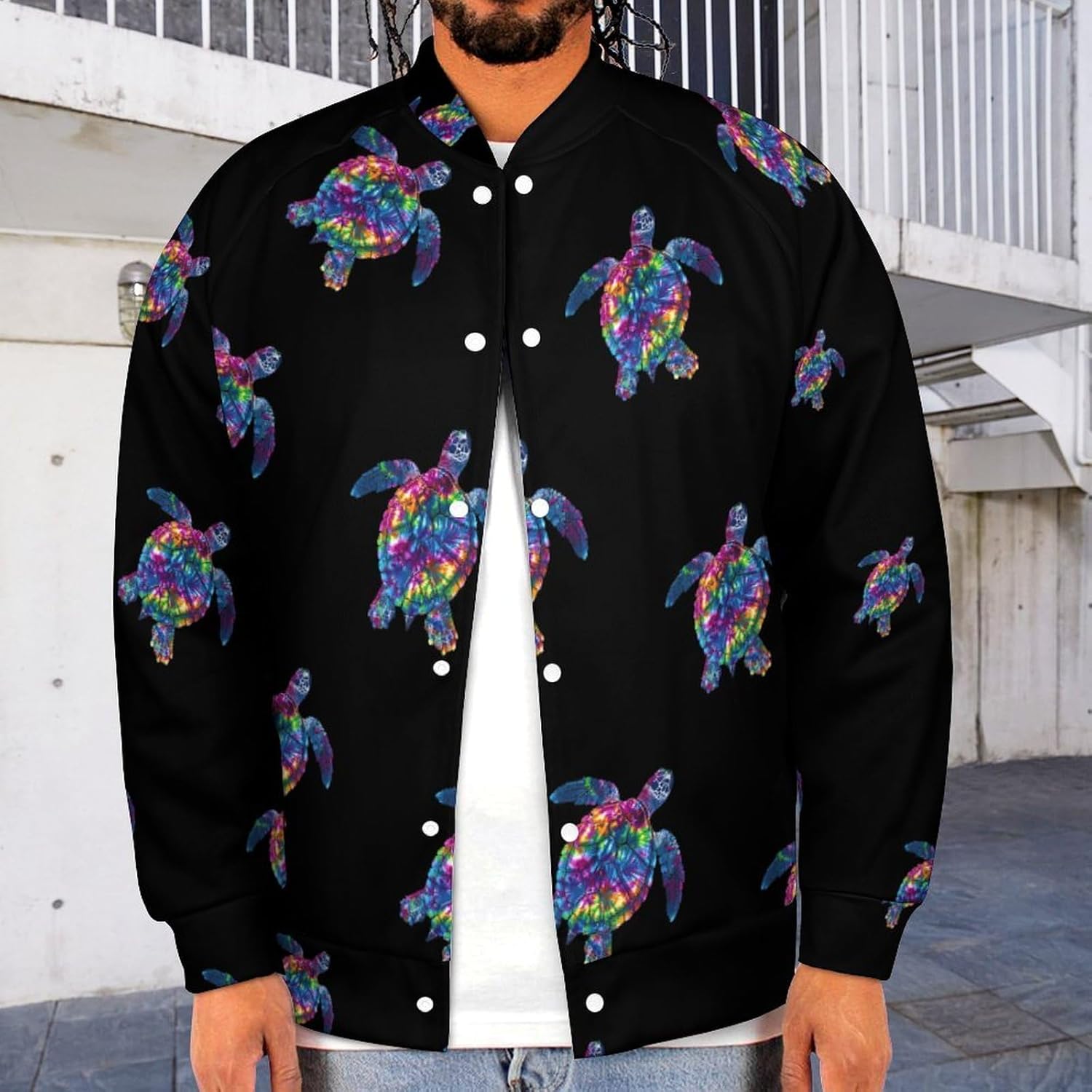 Tie Dye Turtle Novelty Men's Baseball Jackets Causal Sweatshirt Button Top Long Sleeve Coat