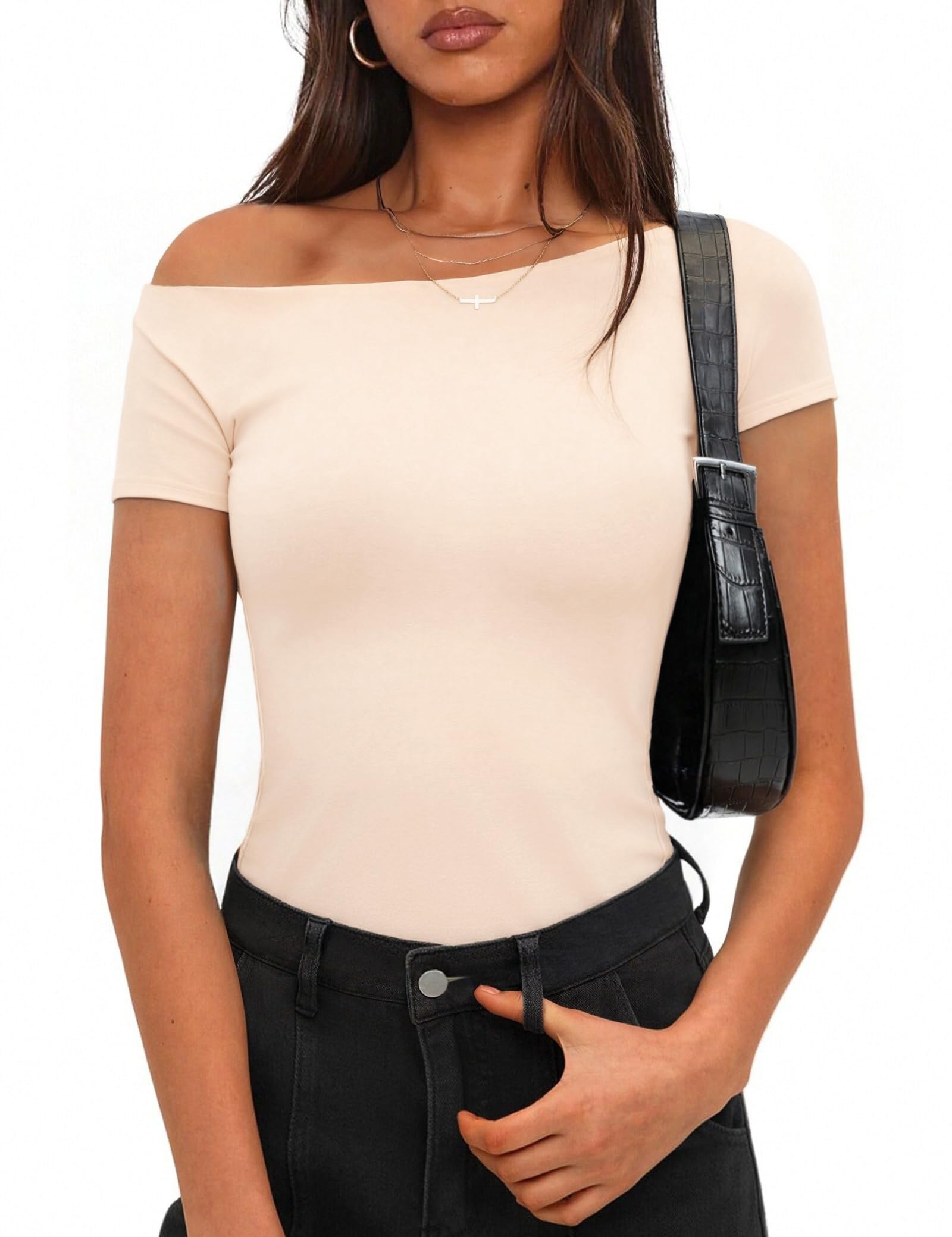 Totatuit Damen One Shoulder T-Shirt Kurzarm Slim Fit S-XXL | Boot-Ausschnitt, einfarbiges Y2K-Oberteil, geeignet für Sommer Party Urlaub Ausgehen und Freizeit