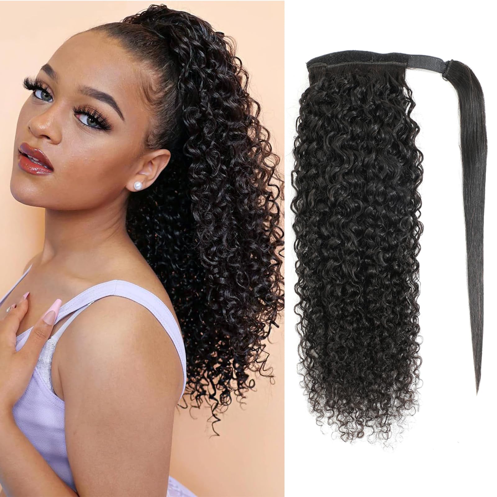 Black ponytail hair pcs topper Clipin curly 2020 Human Hair Kinky Curl Clip-in Ponytail Black Curly Ponytail  main image 4