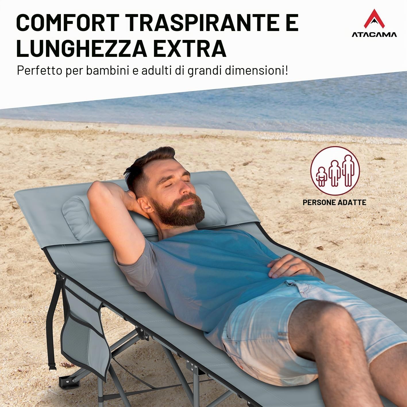 Atacama Lettino da campeggio pieghevole - lettino camping ultraleggero - Lettino ideale per avventure all'aperto, lettino carpfishing - letto da campeggio XXL comodo, portatile lettino da campeggio