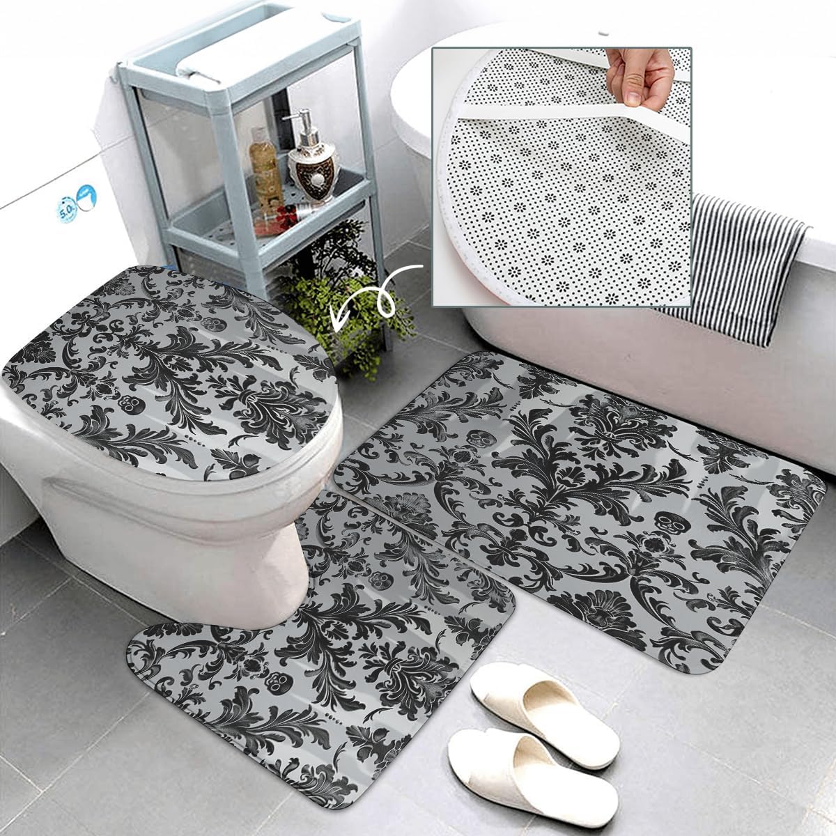 YWMAN Baroque Floral Black Bathroom Set with Gothic Shower Curtain, Bath Mat, Contour Rug, Toilet Lid Cover
