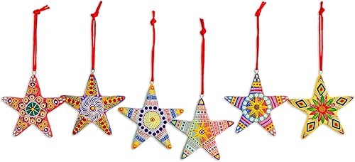 NOVICA Adornos navideños de cerámica multicolor pintados a mano, 'Estrella de Navidad' (juego de 6), fabricado en América Central