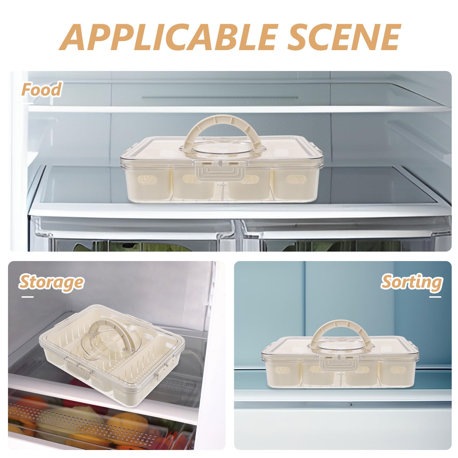 Caja de Almacenamiento de Pet para Refrigerador Organizador Reutilizable Compartimentos Divididos, Sello Hermético y Asa para Frutas y Alimentos en Picnics y Viajes
