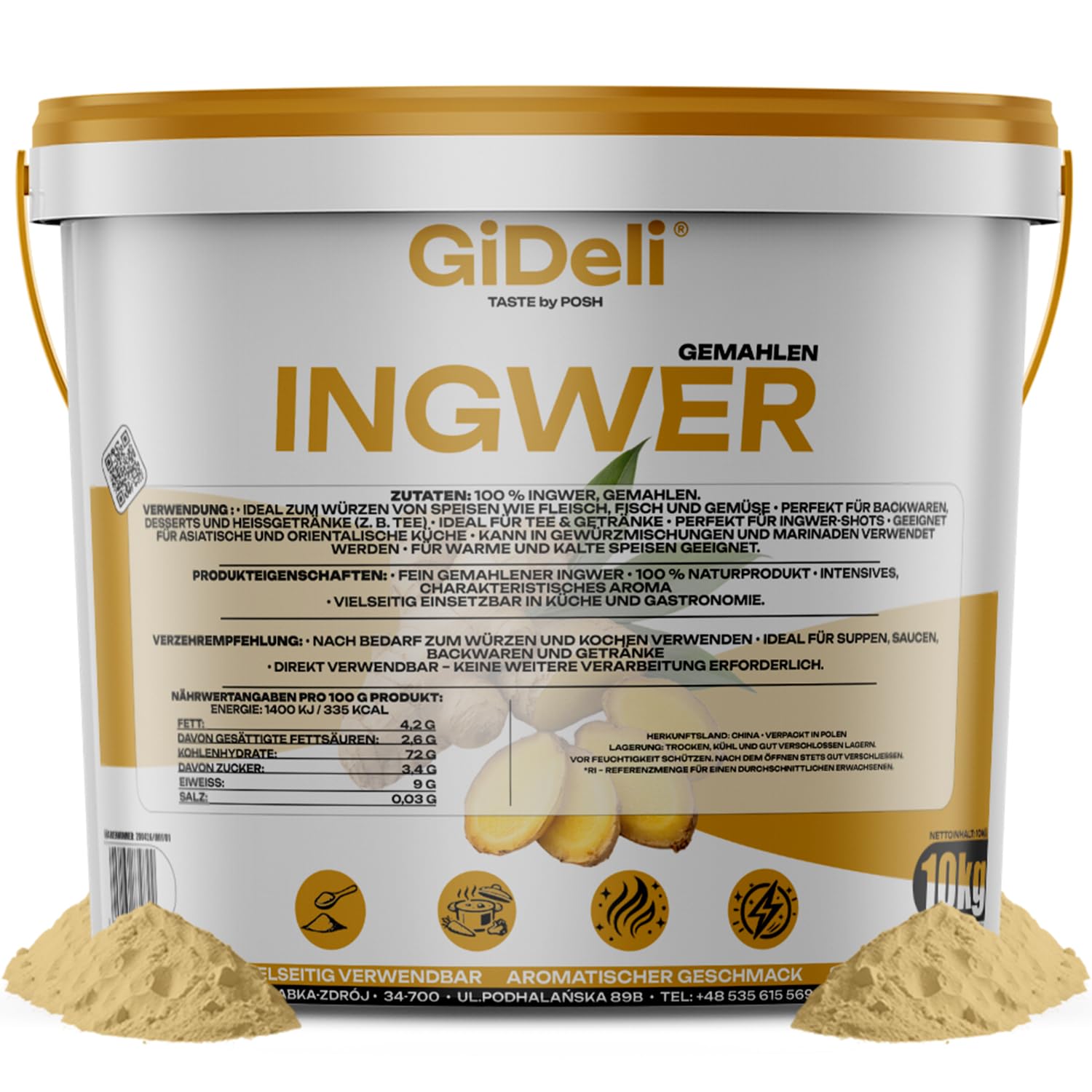 GiDeli Ingwerpulver 10kg im Eimer - Naturrein Ohne Künstliche Zusätze - Fein Gemahlen für Tee - Ingwer Shots - Smoothies und Asiatische Gerichte - Schonend Verarbeitet - Vegan