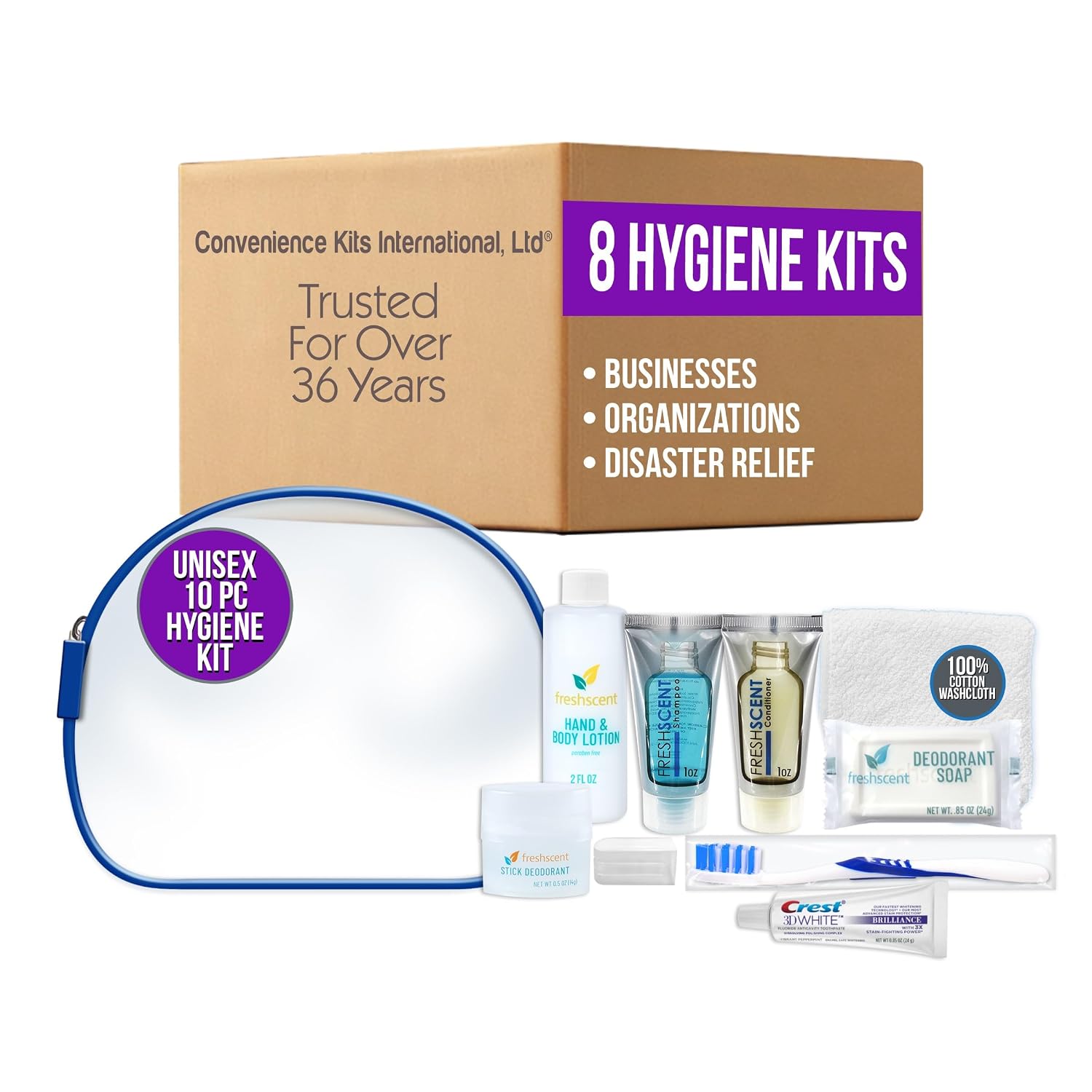 Convenience Kits International Unisex 10 Piece Hygiene Travel Kit with Shampoo, Conditioner, Lotion, Soap, Deodorant, Crest Toothpaste, Toothbrush, Cotton Washcloth (128 Kits)
