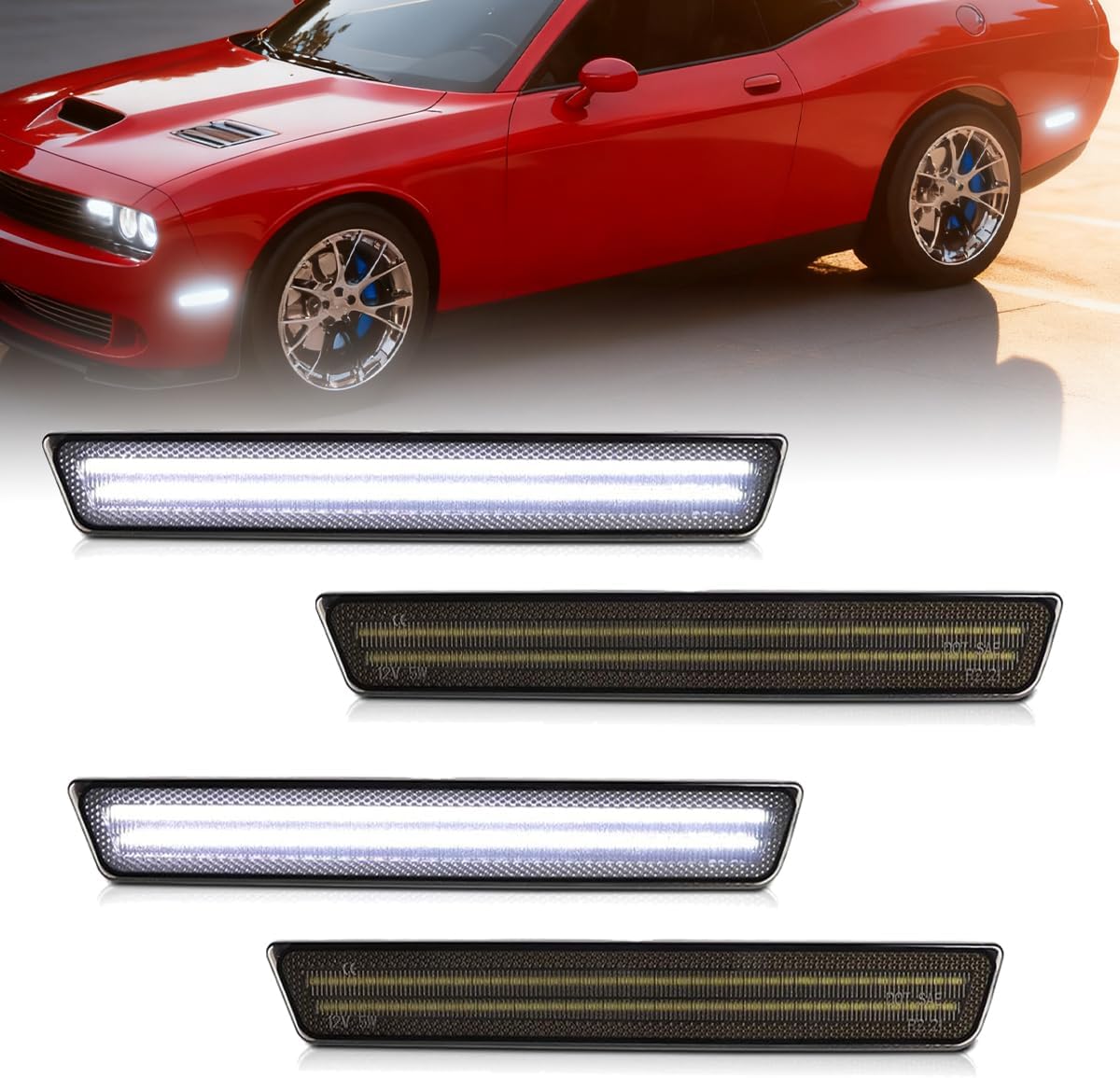 White LED Side Marker Lights for Dodge Challenger 2015-2024,Front Rear Bumper Marker Lamps,White Side Markers & Smoked Len,68195788AB, 68195797AB Side Marker Lights,4PCS