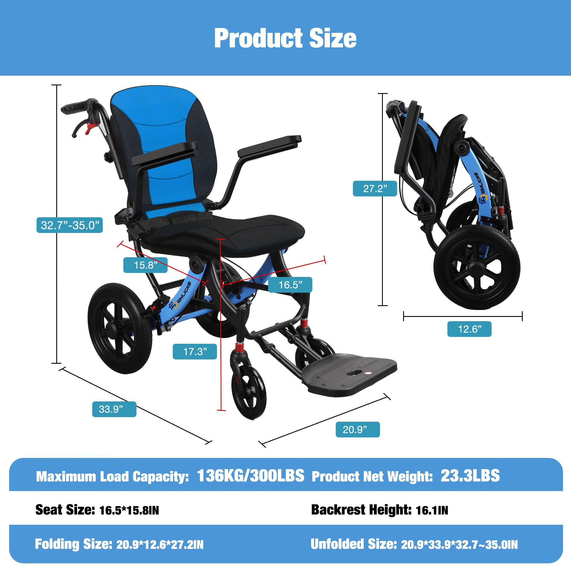 Wheelchairs for Adults Ergonomic Transport Chair Lightweight Foldable with 12-inch Big Wheels for All Terrains Travel Wheelchair with Removable Cushion — Amazon image 6