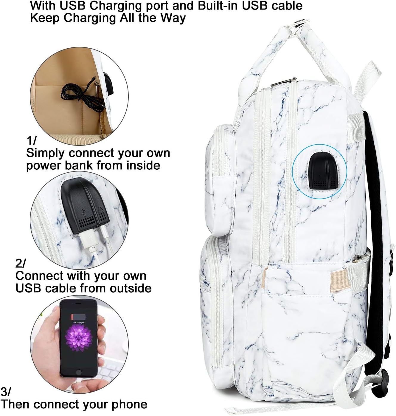 Black Friday Sale 2022 School Backpack Women Girls College Laptop Backpacks with USB Charging Port 15.6 Inch Computer Bookbag for Teacher Work Office (Marble - 8698)