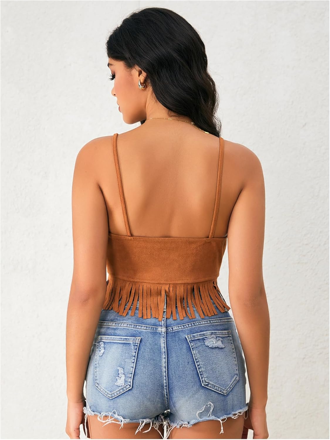 OYOANGLE Women's Y2K Fringe Sleeveless Spaghetti Strap Faux Suede Vintage Hippie Crop Top Blouse - Image 3