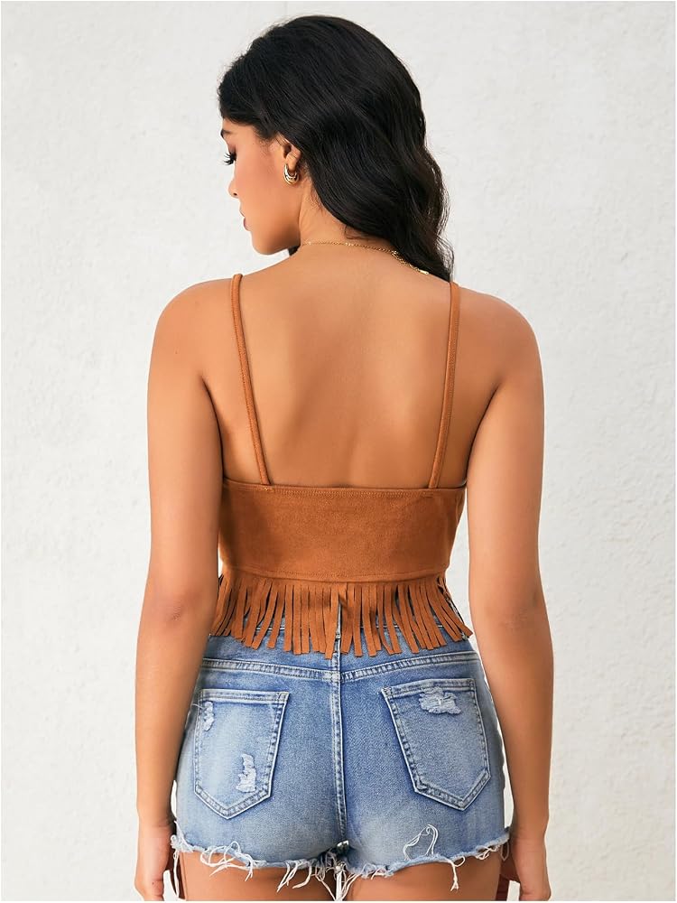 OYOANGLE Women's Y2K Fringe Sleeveless Spaghetti Strap Faux Suede