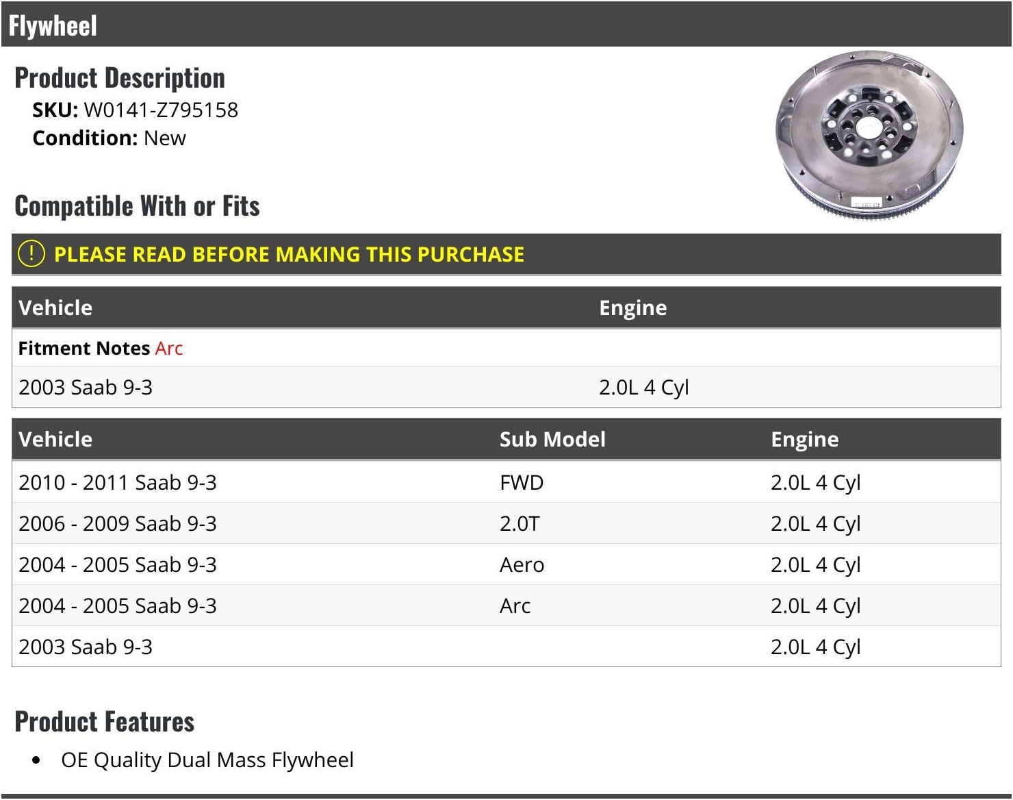 Dual Mass Flywheel - Compatible with 2003-2011 Saab 9-3 2.0L 4-Cylinder