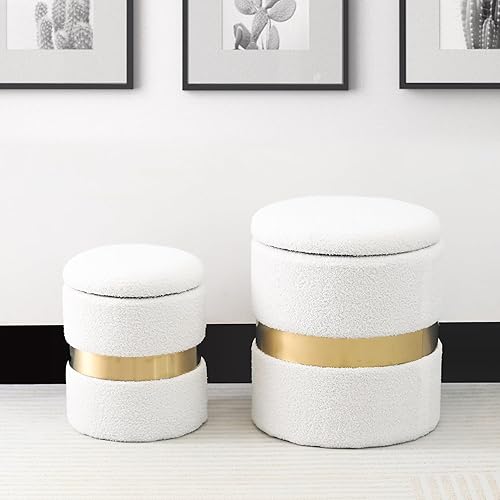 Miniatura 2 de Joveco Juego de 2 otomanas redondas de almacenamiento, reposapiés tapizado, asiento de mesa auxiliar con banda de metal para sala de estar y