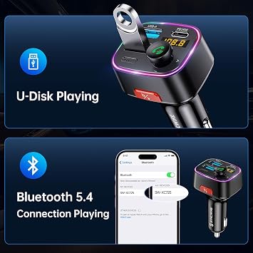 Syncwire Bluetooth 5.4 Car Adapter 48W FM Transmitter for Hands Free Calls | Light Switch, Fast Charge (PD 36W & 12W), HiFi Bass Sound, LED Display, USB Drive Support, Wireless Radio Music Adapter