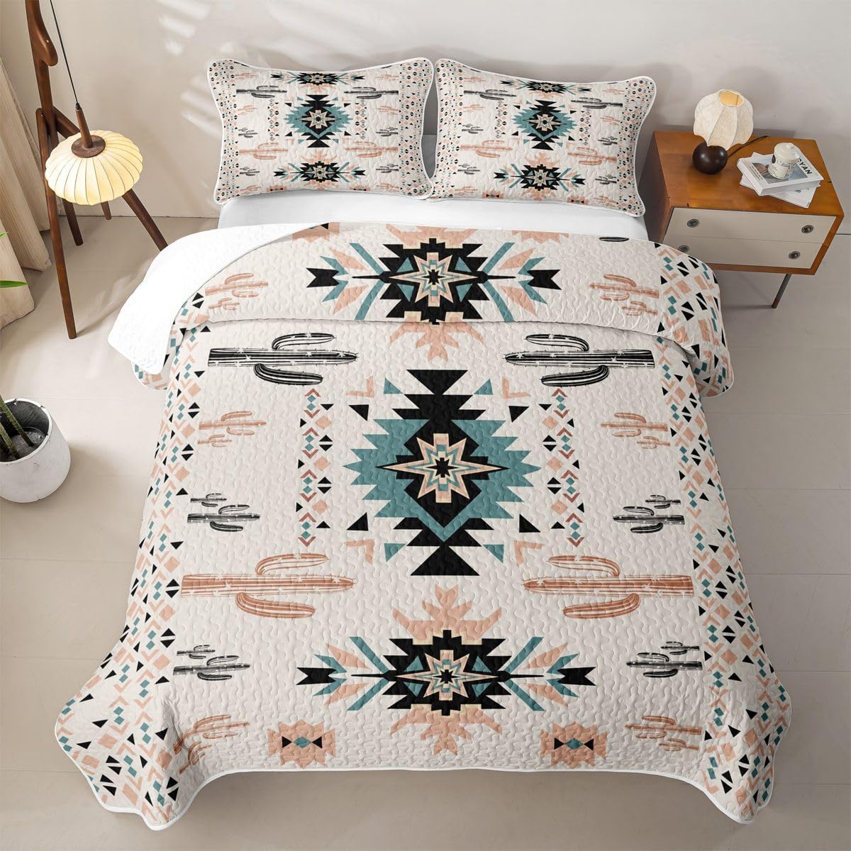 Feelyou Khaki Southwestern Aztec Quilt Sets Queen Geometric Vintage Quilt