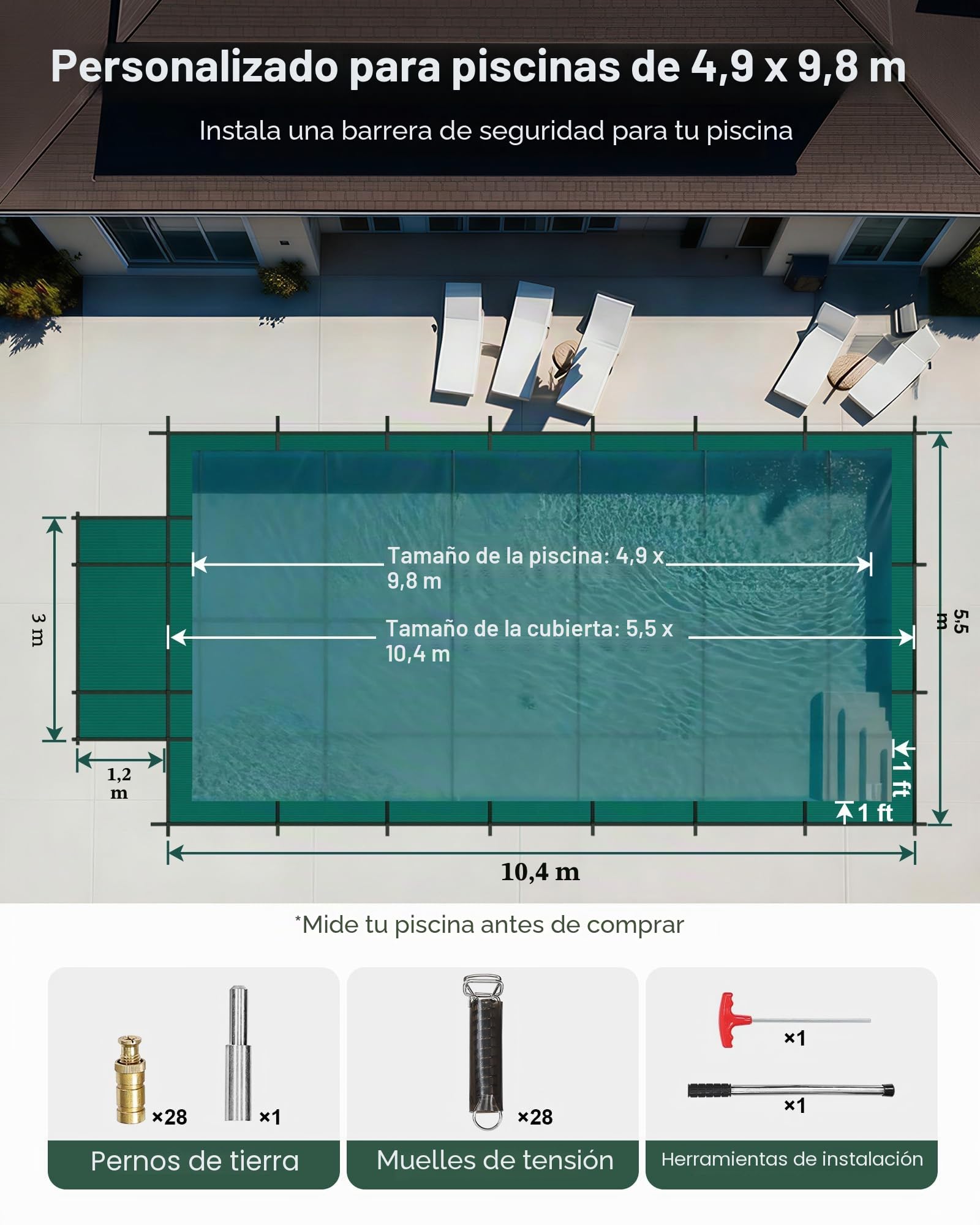 VEVOR Cubierta de Seguridad para Piscina Tamaño de Cubierta 5,5 x 10,4 m Cobertor para Piscina Rectangular Tamaño de Piscina 4,9 x 9,8 m Lona de Piscina para Piscinas Enterradas de Hogar Jardín Hotel
