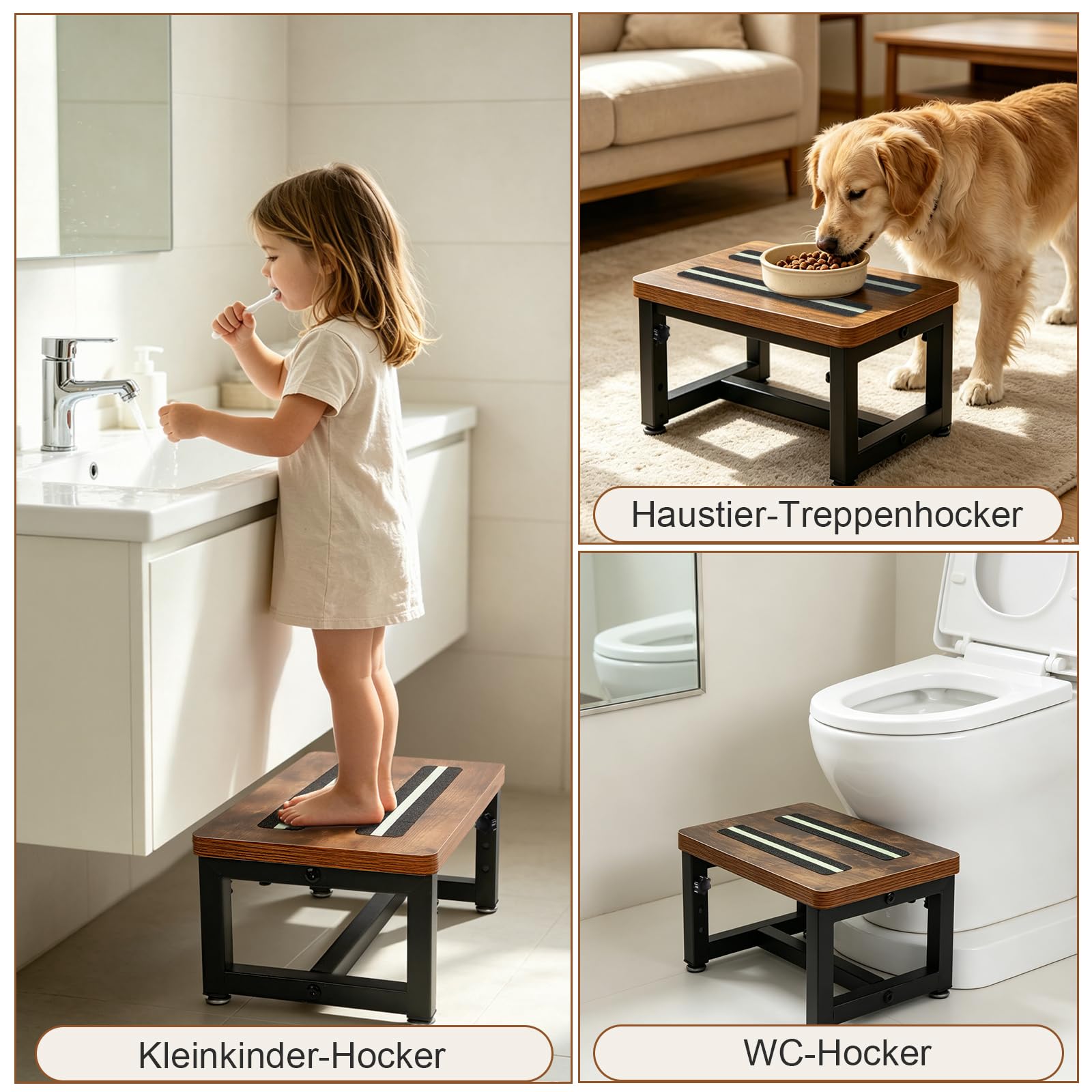 Marchepied en Bois Réglable 3 Hauteurs, Charge 150KG, Surface et Pieds Antidérapants, Tabouret Escalier Multiusage pour Enfants et Adultes, Convient pour Lit, Cuisine, Chambre, Camping-Car