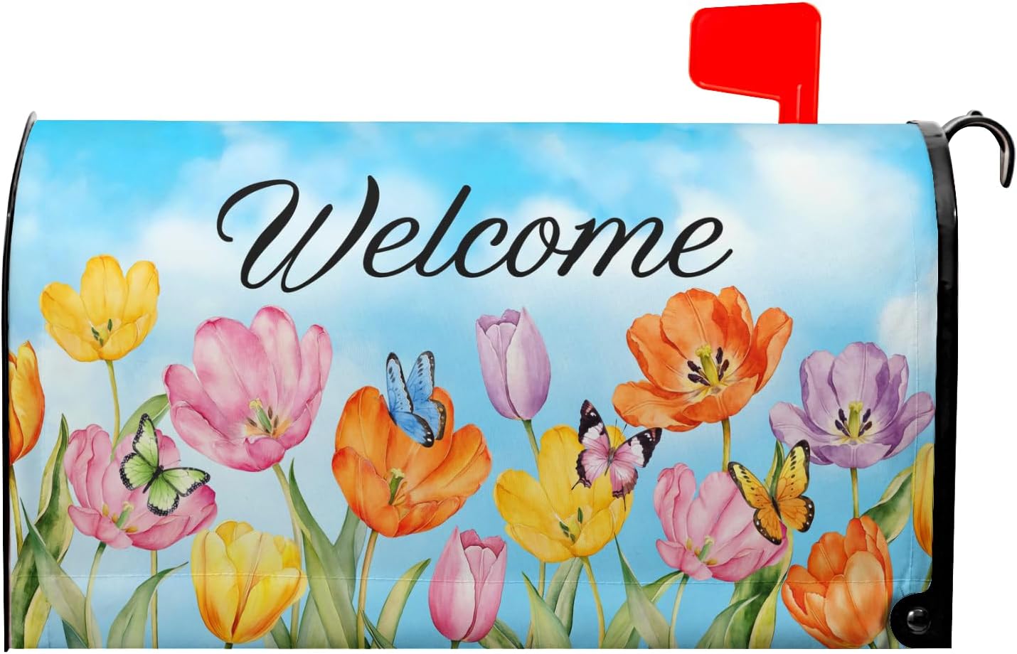 Spring Summer Welcome Mailbox Covers Magnetic Standard Size 18" X 21",Colorful Butterfly Flowers Mailbox Wraps Post Letter Box Cover for Outside Garden Yard Decor