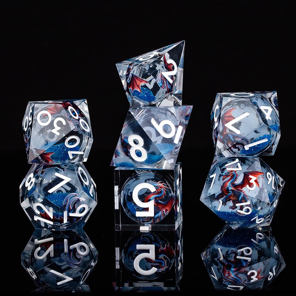 Liquid Core Dragon Pattern DND Dice Set, 7Pcs Sharp Edge D&D Dice for RPG MTG D and D Role Playing Desktop Games Blue White