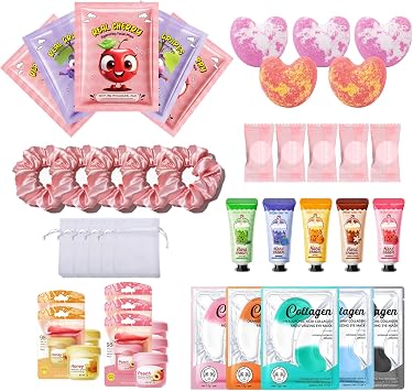 Kids Pamper Sets for Girls - 40 Piece Sleepover Party Supplies for Girls with Facial Masks, Eye Patches, Hand Cream, Lip Balm & Foot Bath Bombs, Pamper Party Gift Set for Birthday Spa Nights Pink