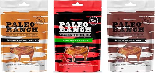 Paleo Ranch Paquete variado de cecina de tocino, barbacoa dulce, chipotle habanero, miel sriracha, 3 CT