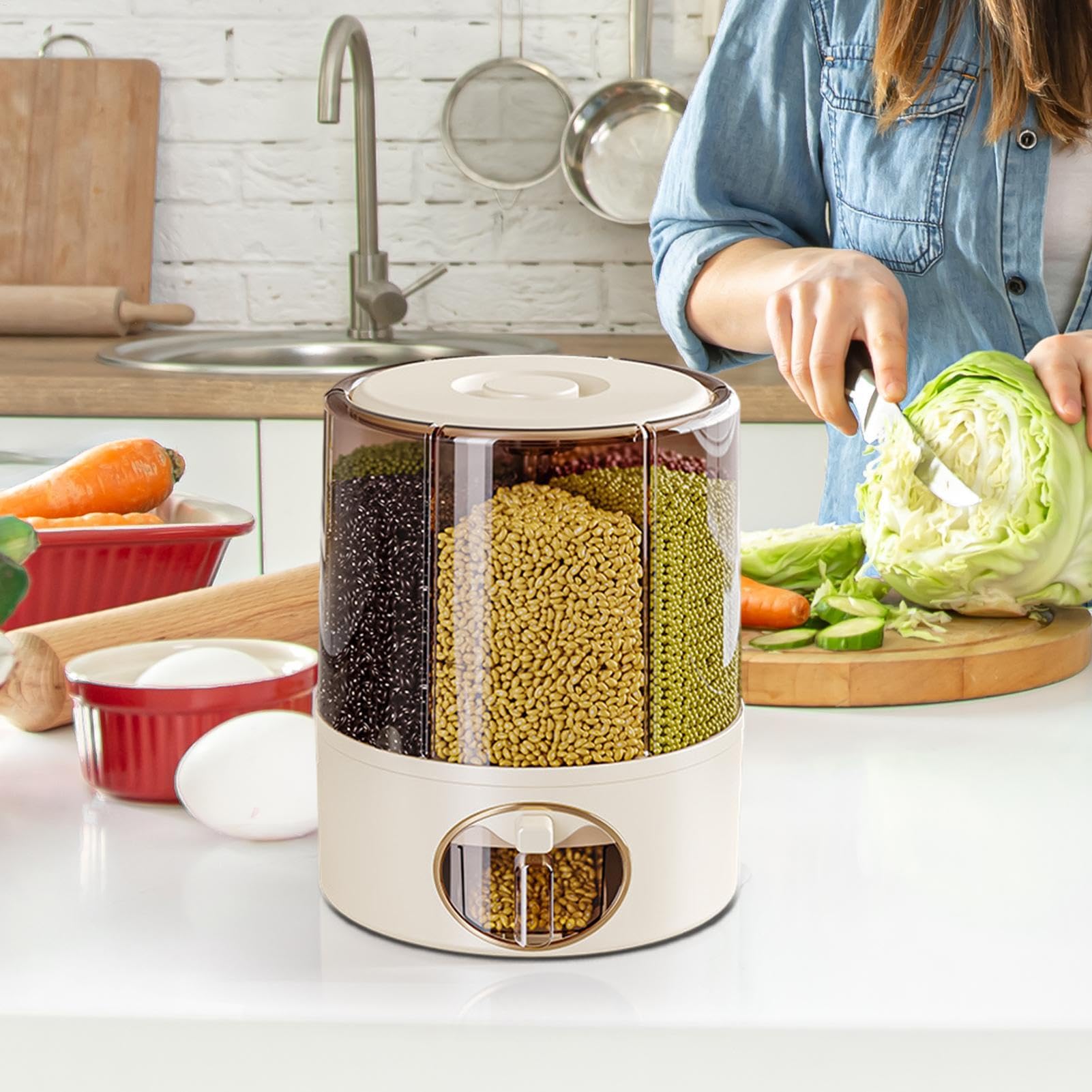 Rotating Rice Bucket, 6 Grid Rice Dispenser, Kitchen Storage Bucket, Sealed Grids Food Dispenser, Rice Dispenser For Grain, Rice Storage Bucket With 6 Grids, Rotating Food Storage Dispenser, Kitchen R