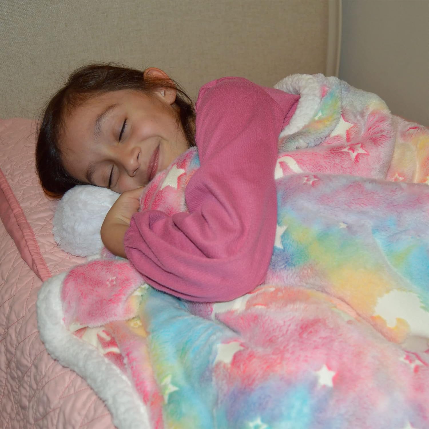 Stolphi Glow in The Dark Unicorn Pink Sherpa Throw Blanket, Kids, Teens 40”x 60”, Premium Fluffy Plush Microfiber, Fun Gift for All Occasions (Rainbow Pink Sherpa)