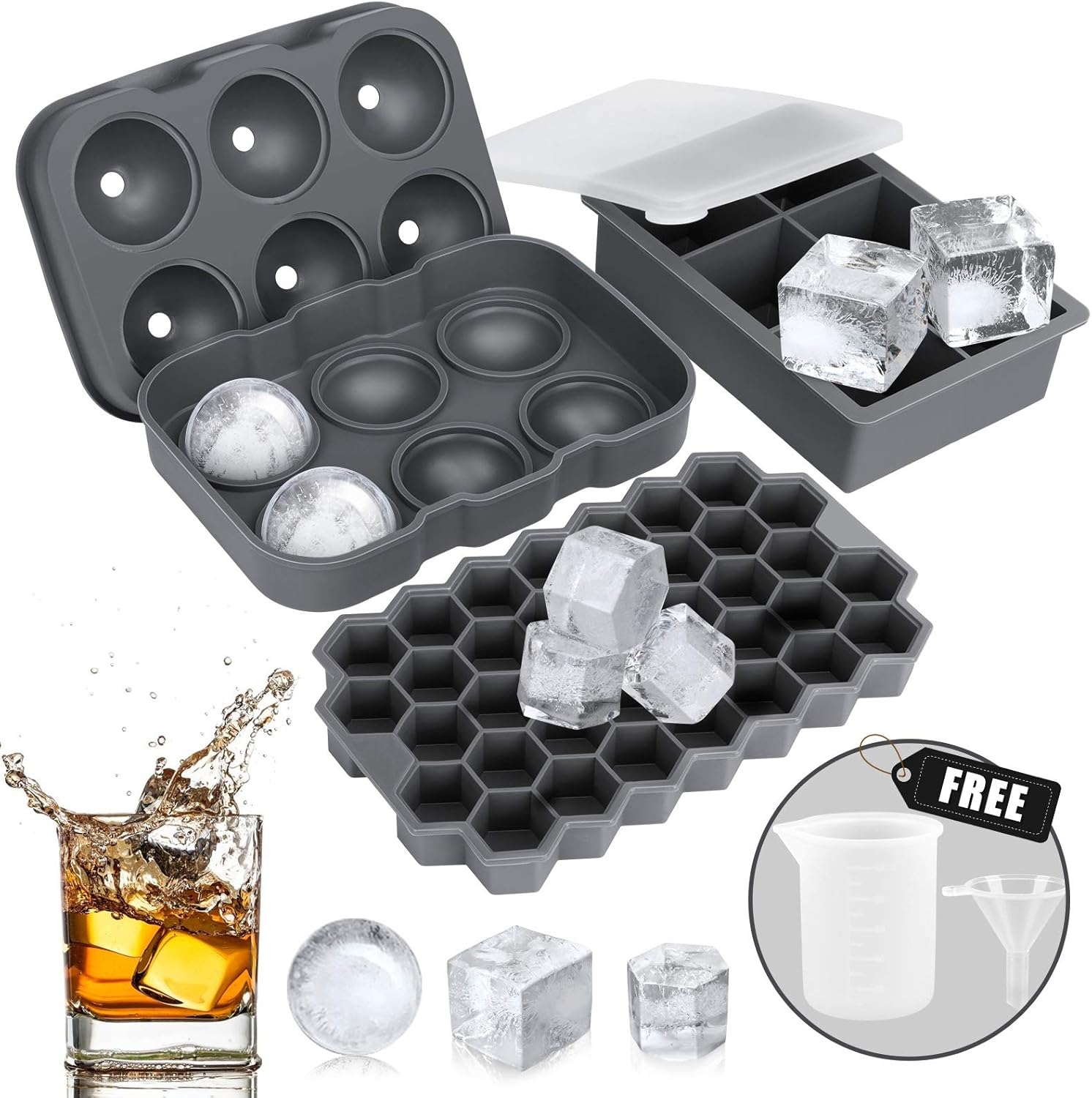 Ice Cube Tray, AiBast Ice Trays for Freezer With Lid, 3 Pack Silicone Large Round Ice Cube Tray, Sphere Square Honeycomb Ice Trays for Whiskey With Covers&Funnel, Reusable Whiskey Ice Ball Mold Grey: Kitchen & Dining
