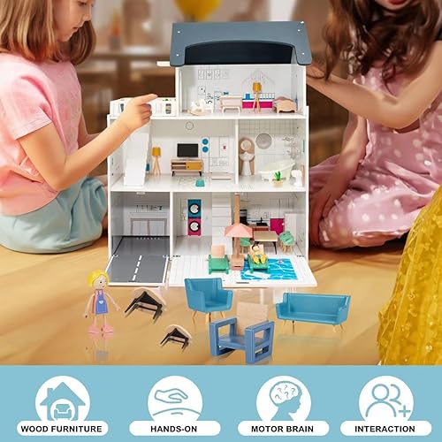 Miniatura 5 de Juego de muebles de casa de muñecas de madera, 43 muebles y accesorios para casa de muñecas con 5 muñecas familiares, muebles de casa de muñecas en