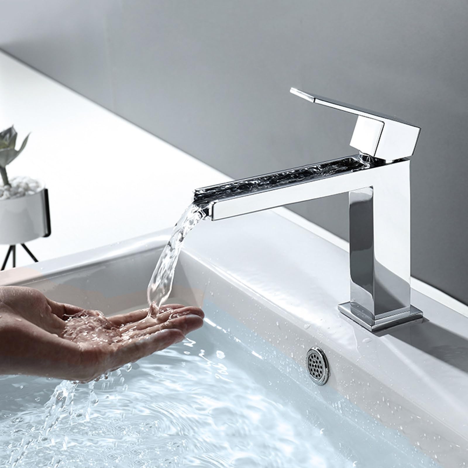 Rubinetto per bagno con cascata alta per lavabo, moderno miscelatore quadrato cromato per acqua calda e fredda, foro singolo (oro