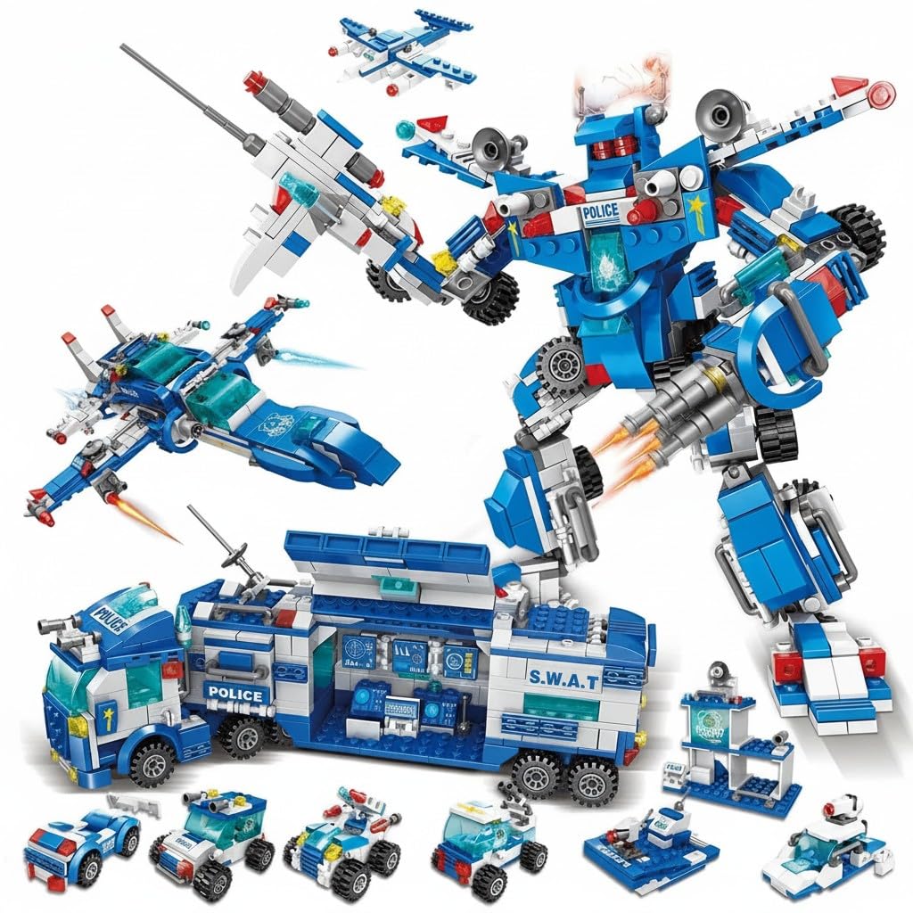 SKY LINE OCEAN 51-in-1 Police Robot Building Block Set, 700 PCS City Police Vehicle, Fighter Plane & Command Center Construction Kit, STEM Toy for Kids Ages 10+, 5-Year Structural Warranty-image-28