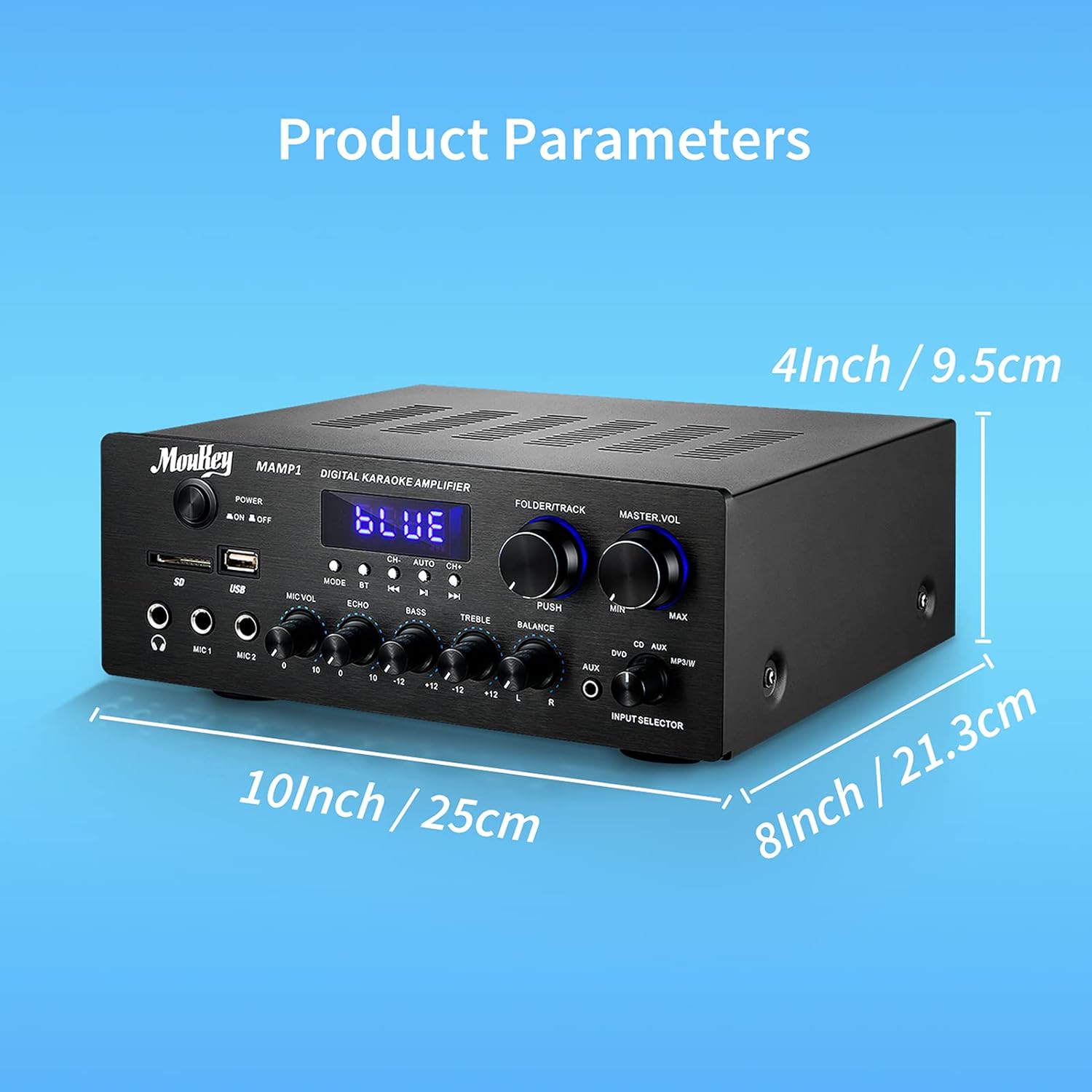 Moukey Home Audio Amplifier Stereo Receivers with Bluetooth 5.0, 220W 2 Channel Power Amplifier Stereo System, w/USB, SD, AUX, MIC in w/Echo, LED for Home Theater Speakers via RCA, Studio Use - MAMP1 : Electronics