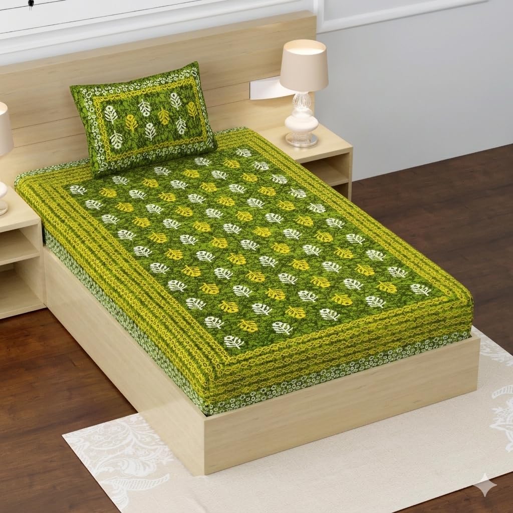 RajasthaniKart® Pure Cotton 144 TC Printed Single Bed Elastic Fitted Bedsheet with 1 Pillow Cover - All Around Elastic | 36"X72", Fits Up to 6" Mattress | Green Booty