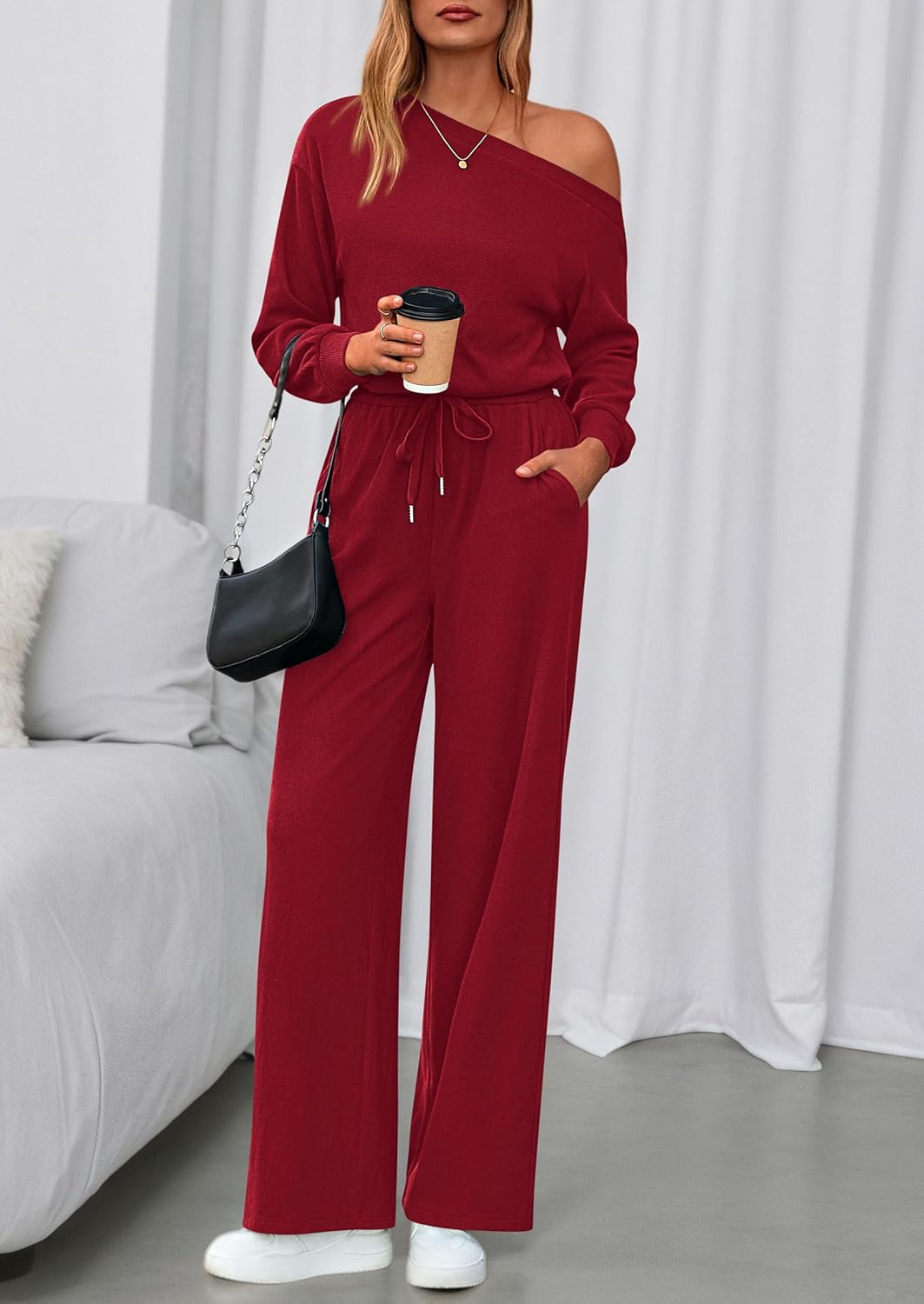 PRETTYGARDEN Long Sleeve Jumpsuit For Women Dressy 2026 Off Shoulder One Piece Loose Wide Leg Jumpsuits Casual Flowy Romper - Image 2