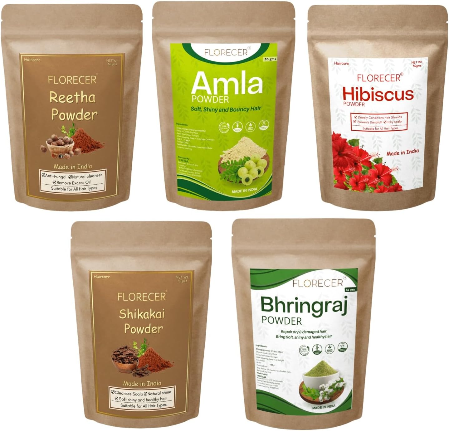 Florecer Amla Reetha Shikakai, Bhringraj and Hibiscus Powder for Hair (Pack of 5, 50g each, Total 250g Pack)
