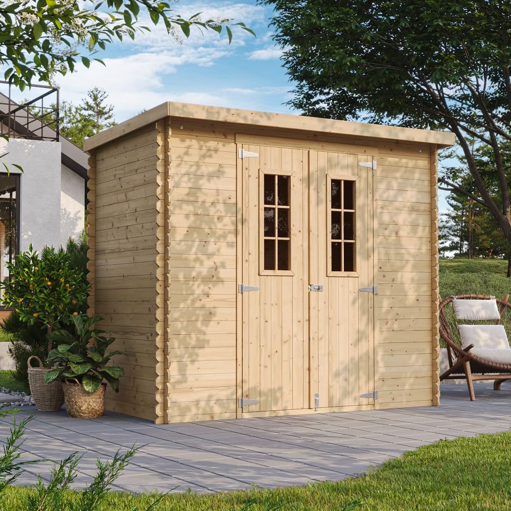 TIMBELA M310C Drewniany domek ogrodowy – szopa ogrodowa z drewna, szer. 239 x dł. 142 x wys. 200 cm / 2,63 m², szopa na rower, wodoodporny dach