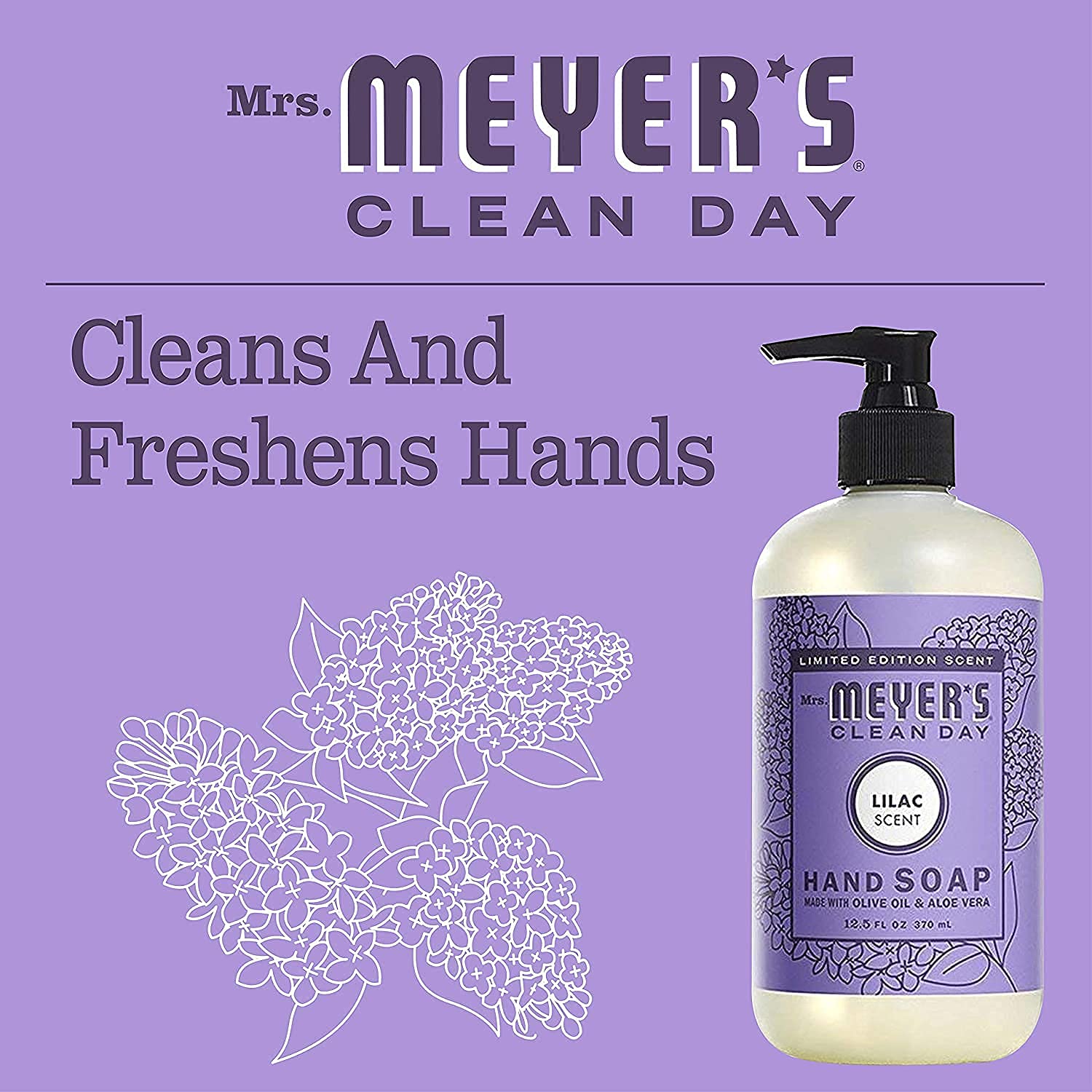 Mrs. MEYER'S CLEAN DAY Liquid Hand Soap Bottle, Lilac, 12.5 Fl Oz (Pack of 6)